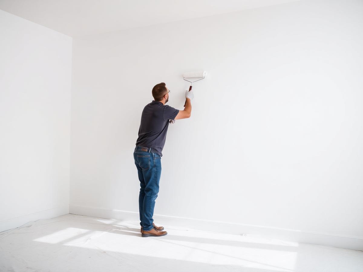 Profissional aplicando pintura branca em parede interna com rolo