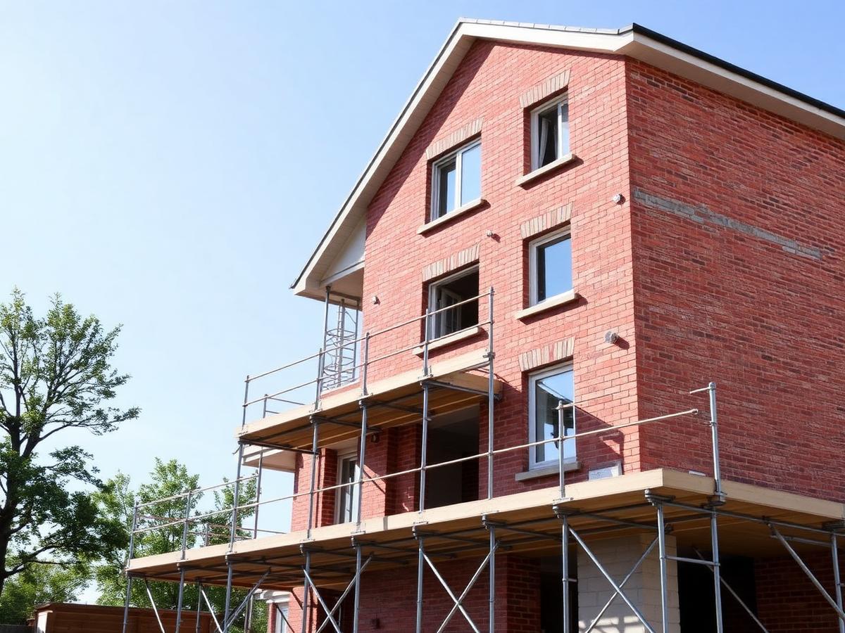Fachada de imóvel em alvenaria durante a construção, com andaimes montados