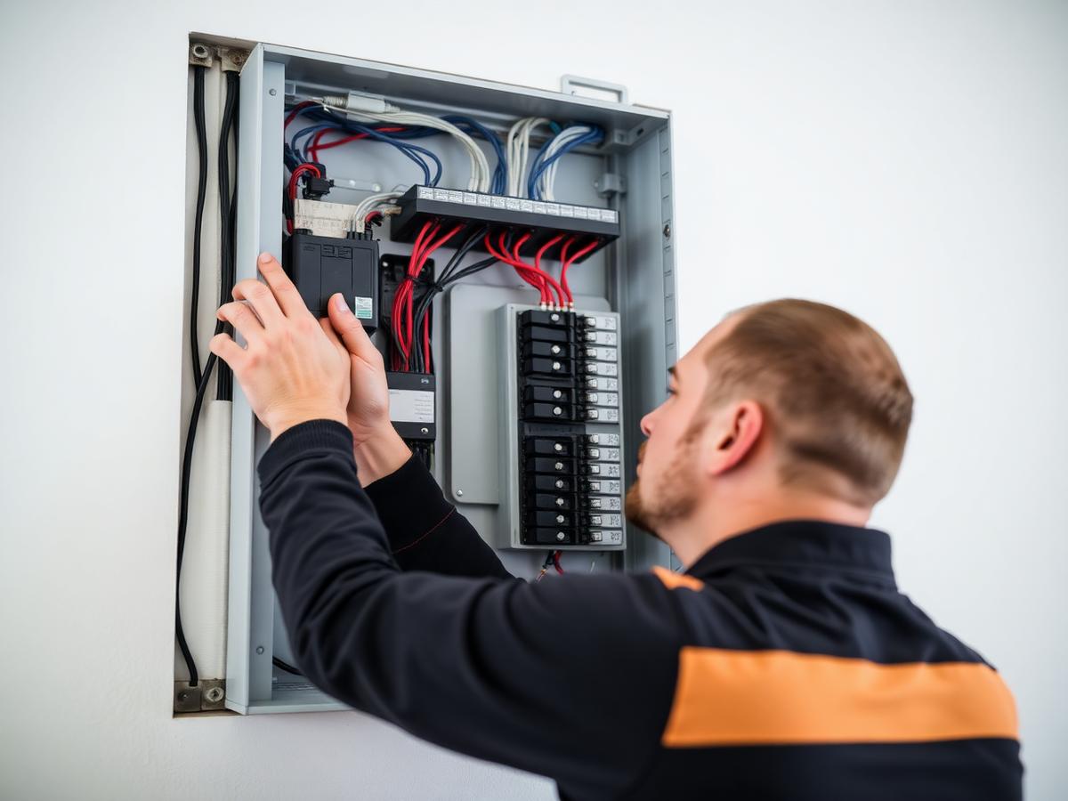 Eletricista organizando disjuntores e fiação em quadro elétrico residencial