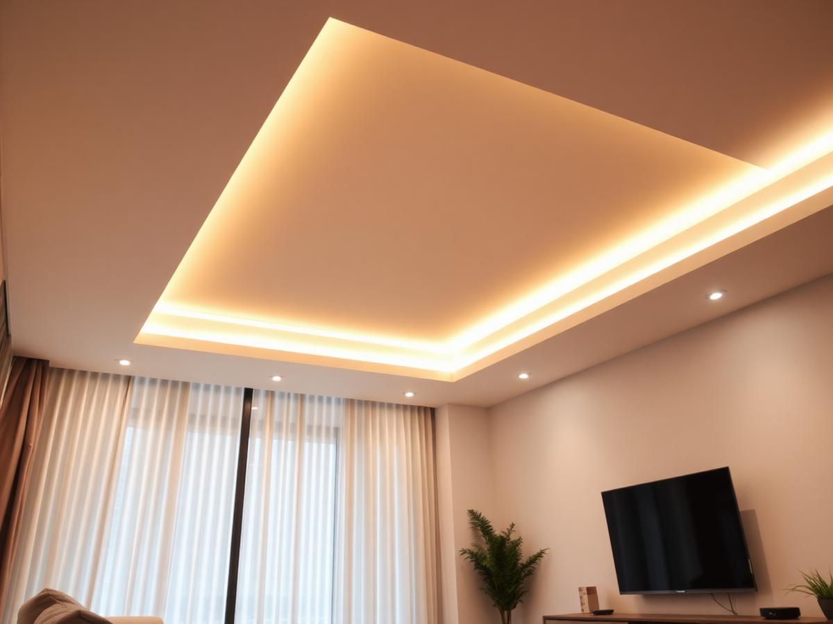 Sala com iluminação embutida no forro e luz indireta acesa