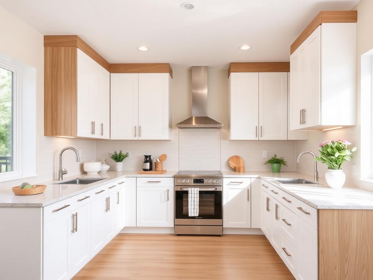 Cozinha reformada com armários claros, bancada e iluminação natural